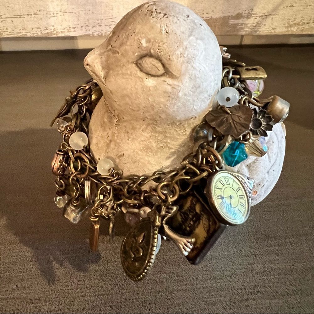 Loaded Multi-Color Charm Bracelet/beads/Brass/Silver W/Toggle - Picture 2 of 12